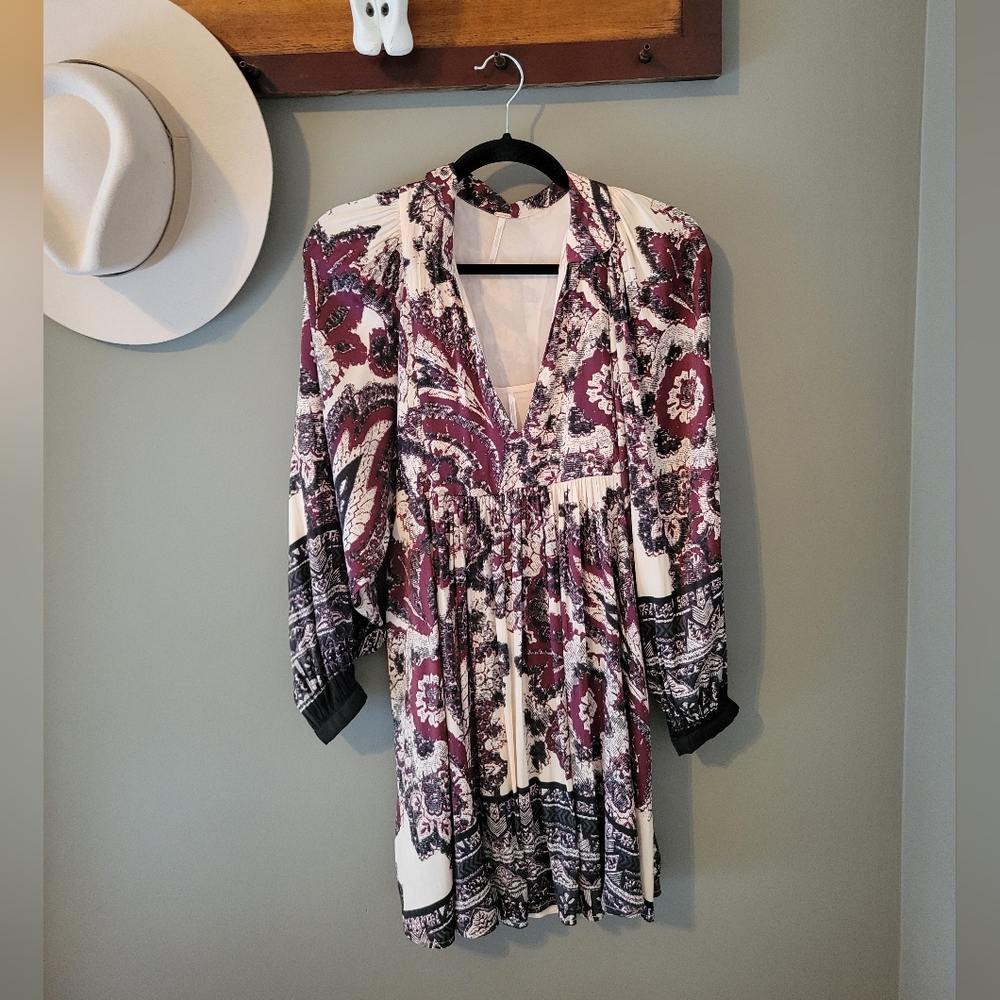 Free People Say You Love Me Boho Paisley Mini Dress Long Sleeve V-Neck Babydoll - Picture 2 of 11
